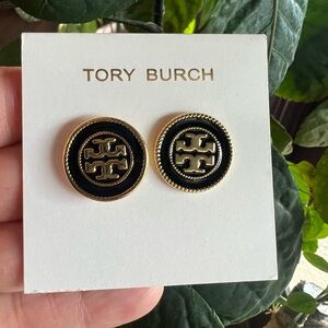 Tory Burch Black and Gold Logo Stud Earrings